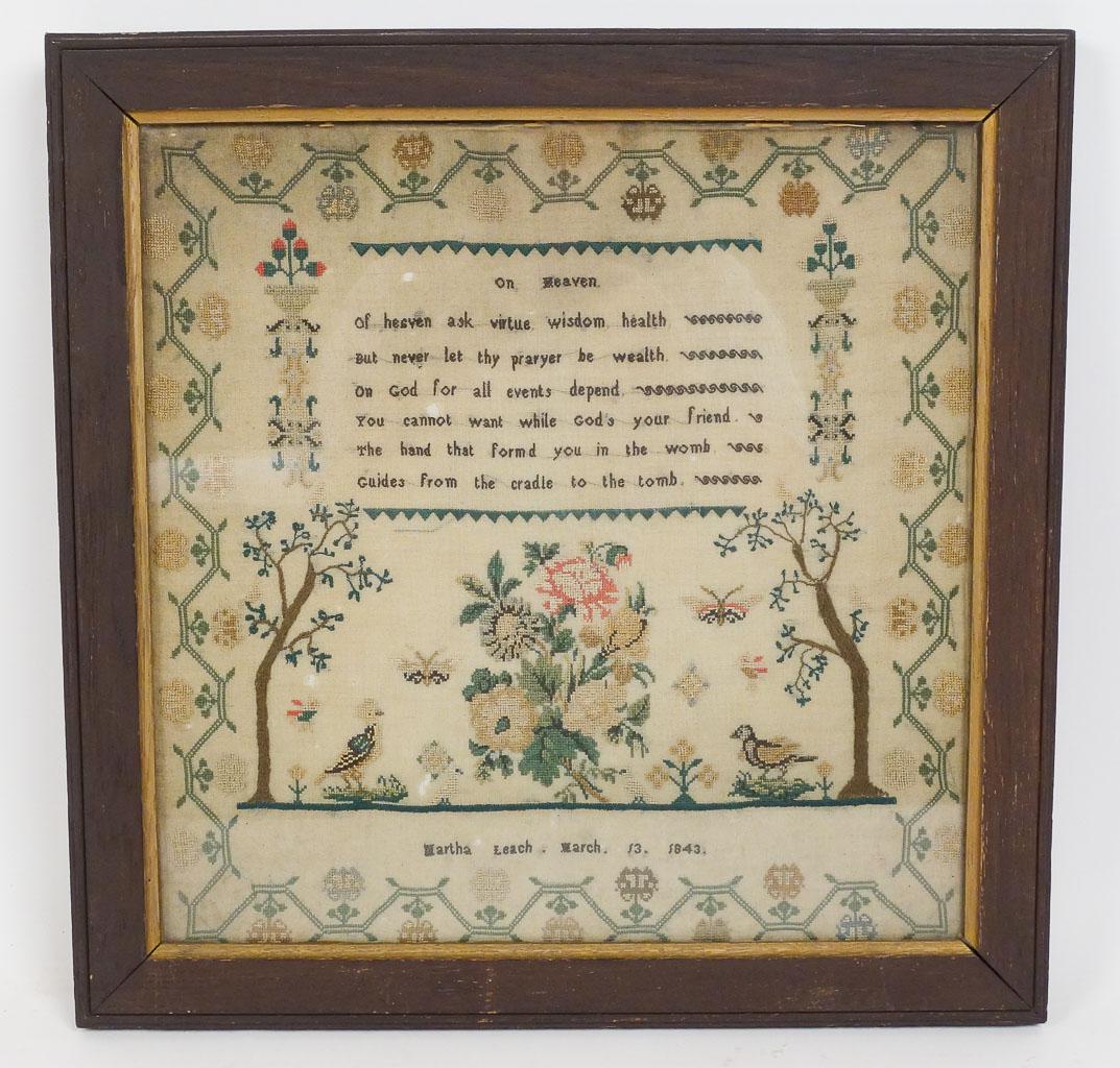 Antique 1843 Martha Leach Needlepoint Sampler w Poem, Flowers, Birds (1 of 4)