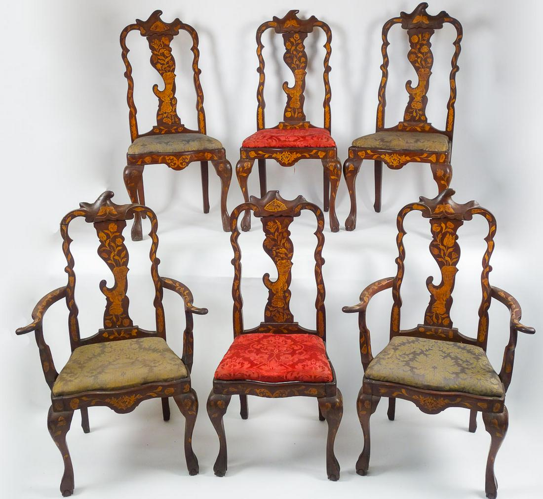 Antique 19th Century Set 6 Dutch Marquetry Inlay chairs w Flowers in Cornucopia, Moth Finial (1 of 20)