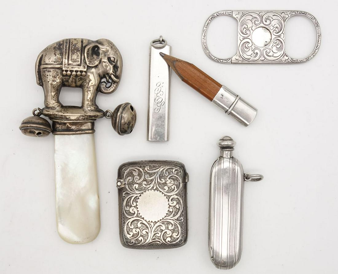 Antique Lot Sterling Silver incl Elephant Teether Rattle, Cigar Cutter, Vesta Cases (1 of 2)