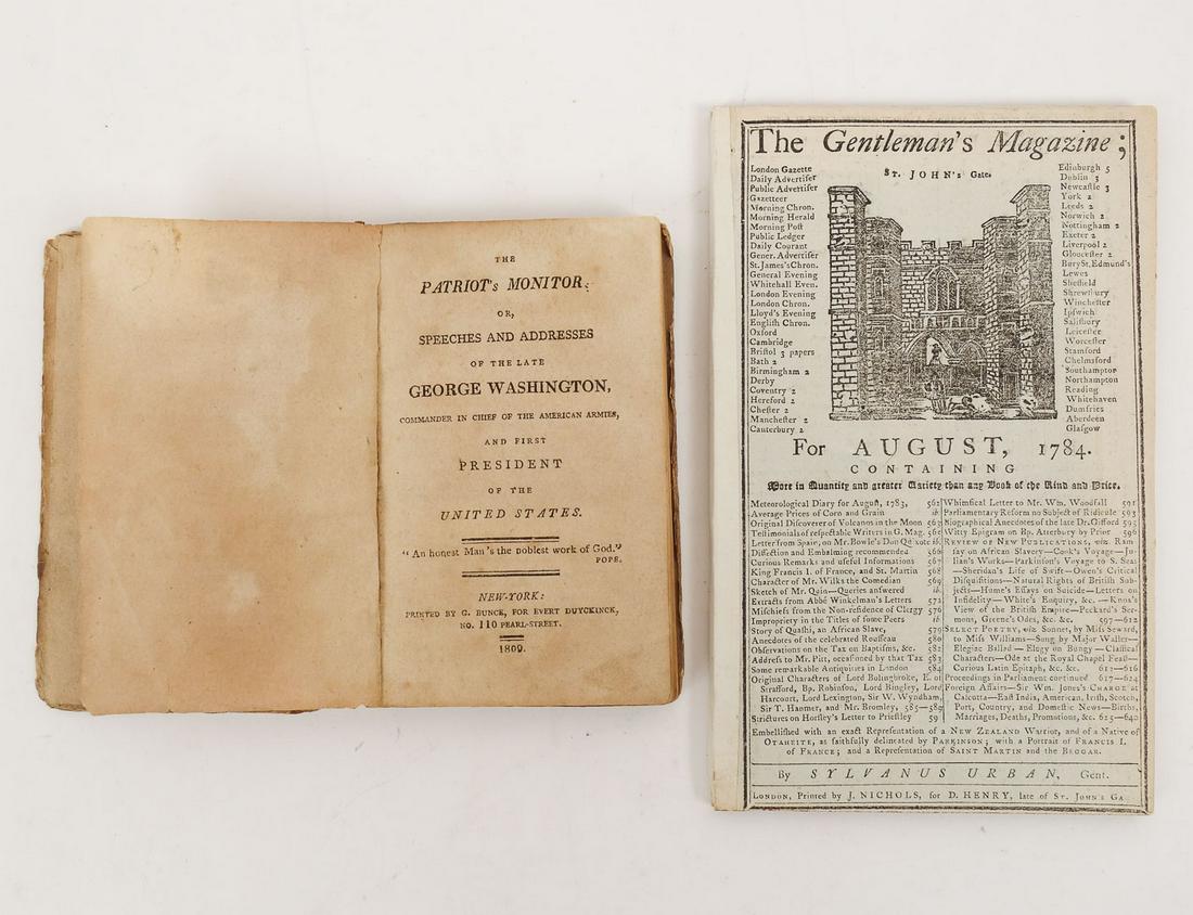 1809 Patriot's Monitor Speeches and Addresses of George Washington and 1784 Gentleman's Magazine: This is an antique lot including a hardbound copy of "The Patriot's Monitor or, Speeches and Addresses of the Late George Washington" and a copy of "The Gentleman's Magazine" from August of 1784. The 