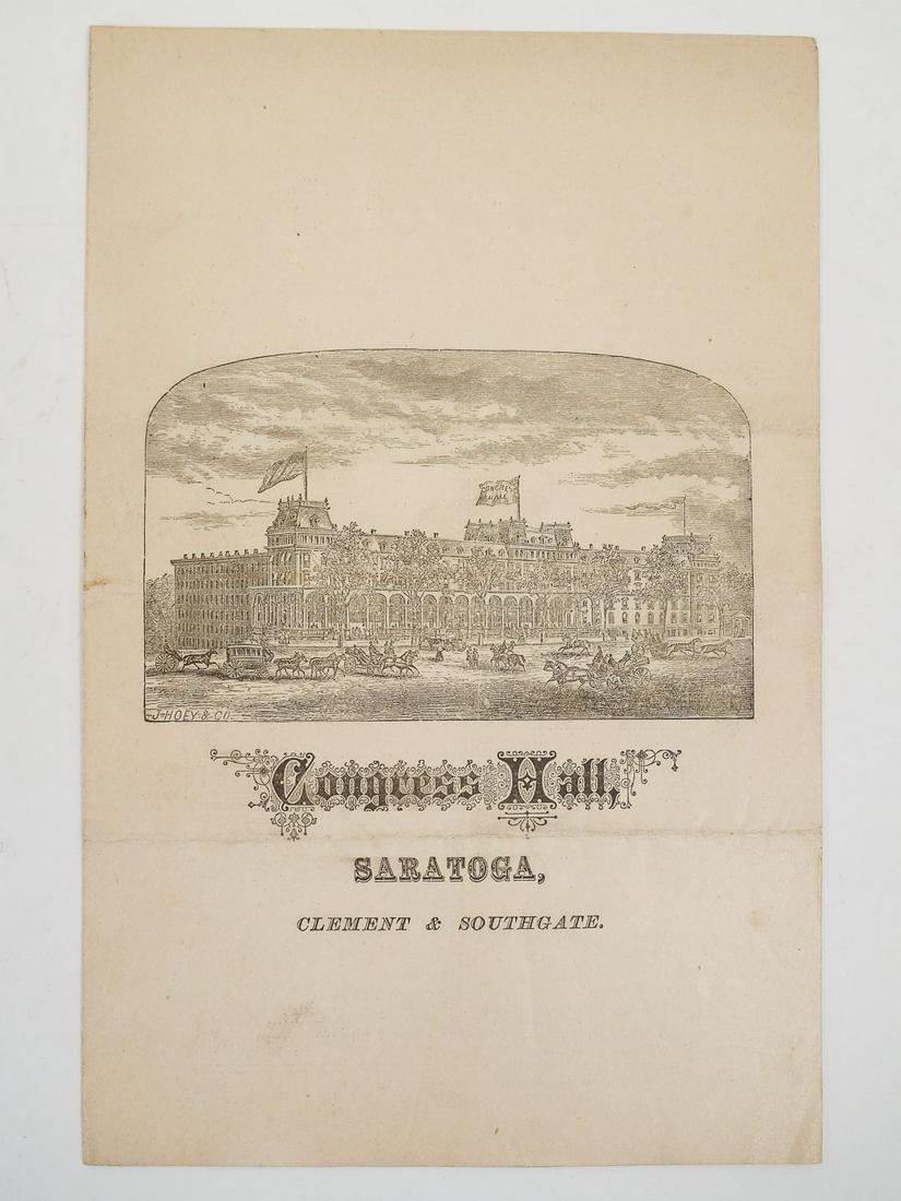 1879 Saratoga Springs, New York Congress Hall Hotel Dinner Menu and Wine List: This is an antique Dinner Menu and Wine List from Congress Hall Hotel in Saratoga Springs, New York. Dated for Thursday, August 14th, 1879. 9 x 5 3/4"