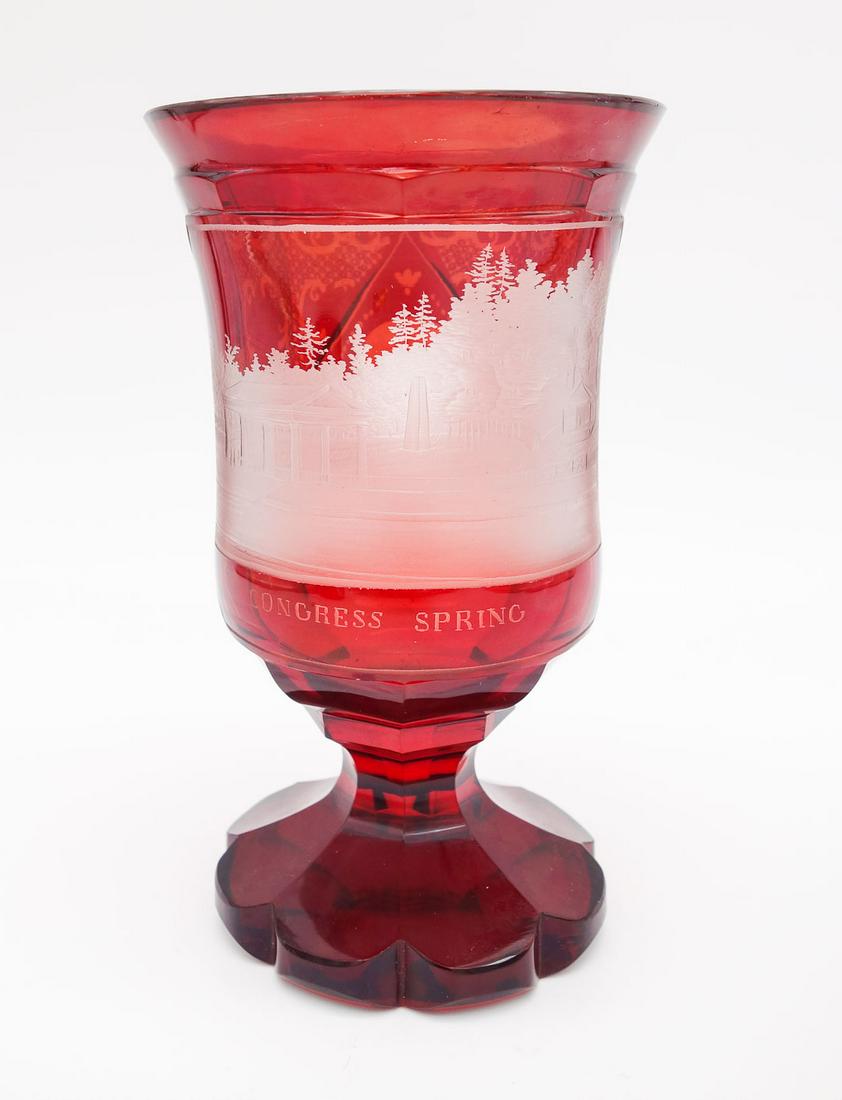 Antique Saratoga Springs Congress Spring Landscape Ruby Flashed Glass Goblet (1 of 8)