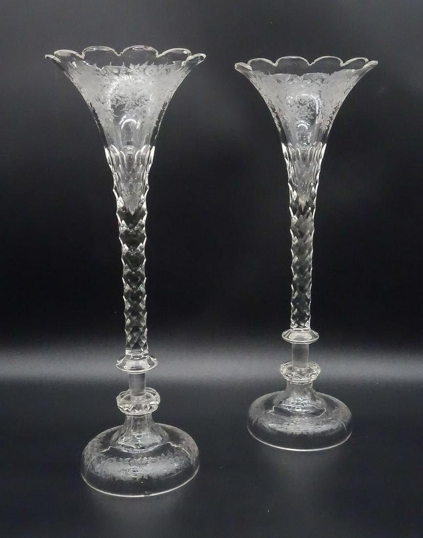 Antique 19C Pair Cut Glass Trumpet Vases with Etched Floral Motif 18.5" (1 of 11)