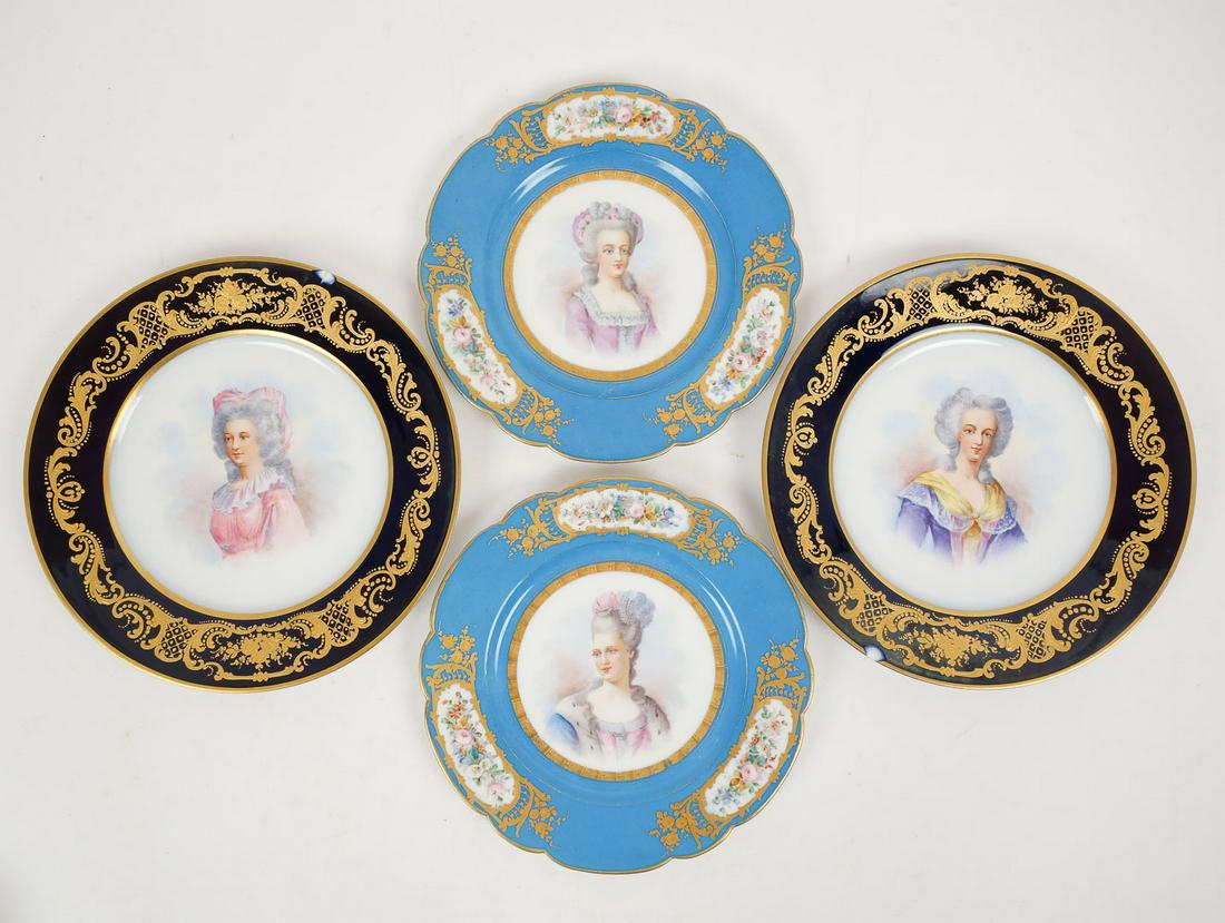 Antique Lot of 4 "Sevres" Hand Painted Gilded Porcelain Portrait Plates incl Madame de Pompadour (1 of 6)