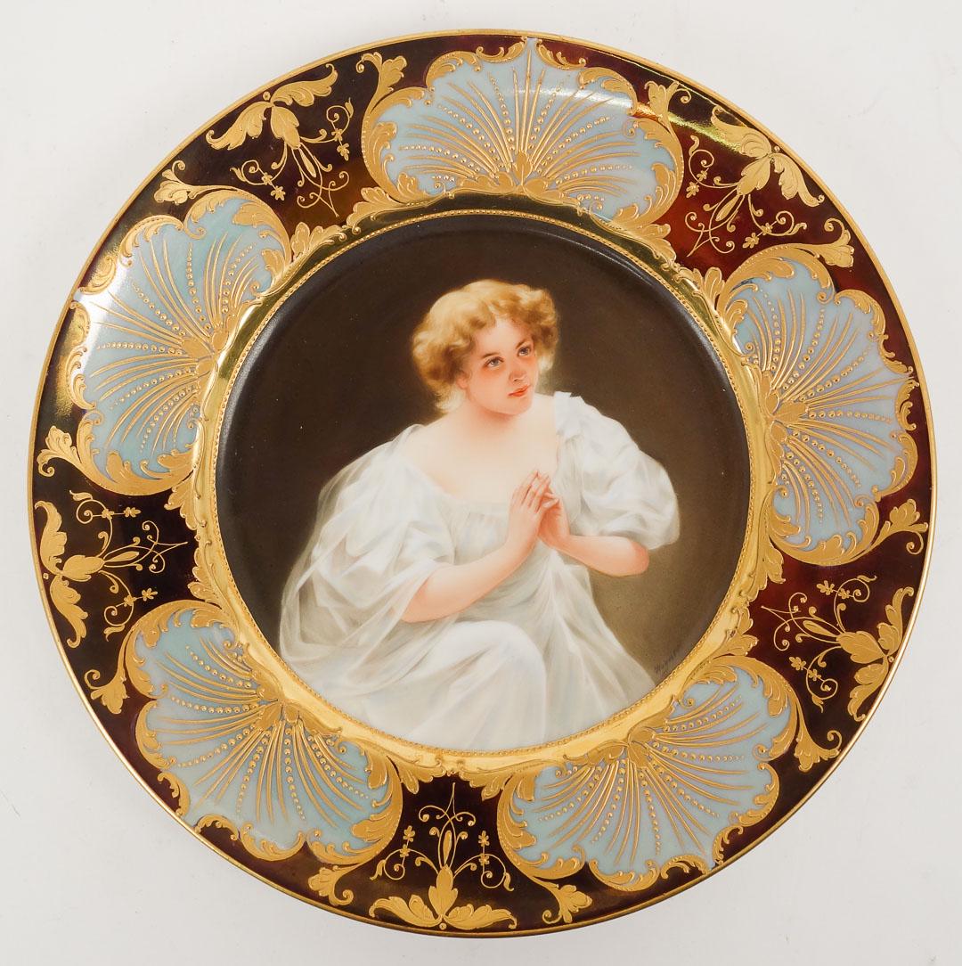 Antique Royal Vienna Porcelain Gilded Portrait Plate "Retend" Signed Wagner: This is an antique Royal Vienna porcelain gilded portrait plate hand painted with an angelic young woman reflecting in prayer. Artist signed: Wagner. Marked on the reverse: "Retend". Blue beehive make