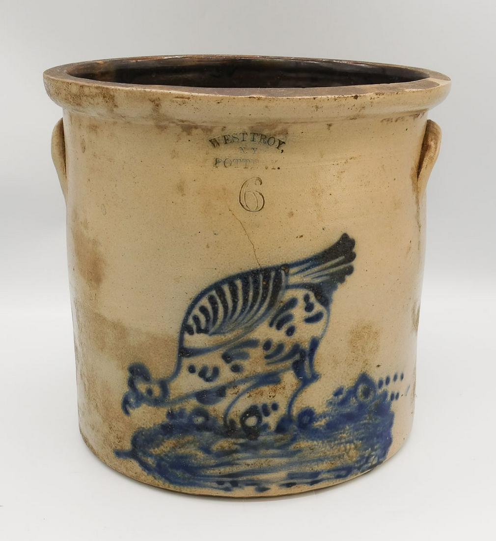 Antique West Troy NY Pottery Blue Decorated Pecking Hen 6 Gallon Stoneware Crock (1 of 8)