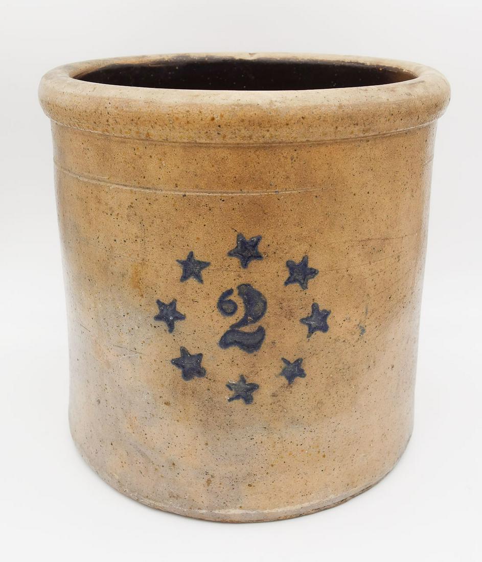 Antique Blue Decorated 8 Star Circle "2" Gallon Stoneware Crock (1 of 8)