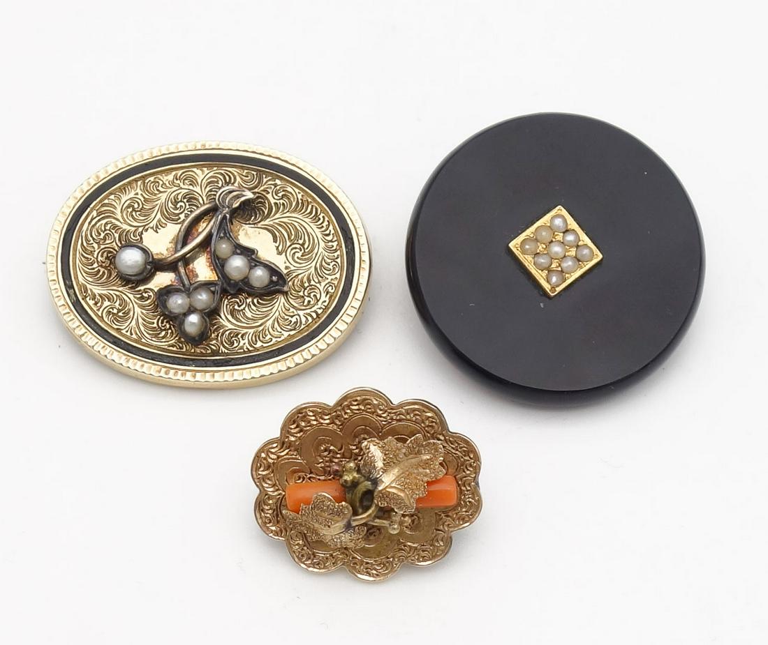 Antique Group 3 Renaissance Revival Victorian Gold Brooch Pins incl Seed Pearls, Coral, Mourning (1 of 2)