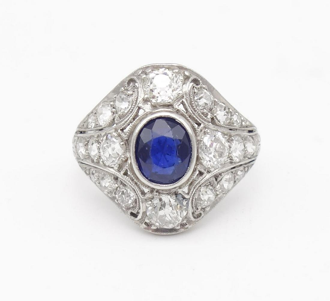GIA Art Deco Platinum Filigree Diamond Natural Sapphire Ring w Certificate of Origin (1 of 7)