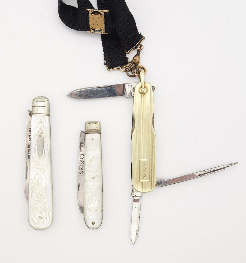 Antique Group 3 Sterling Silver and 14K Gold Fruit, Watch Chain Fob Pocket Knives (1 of 4)