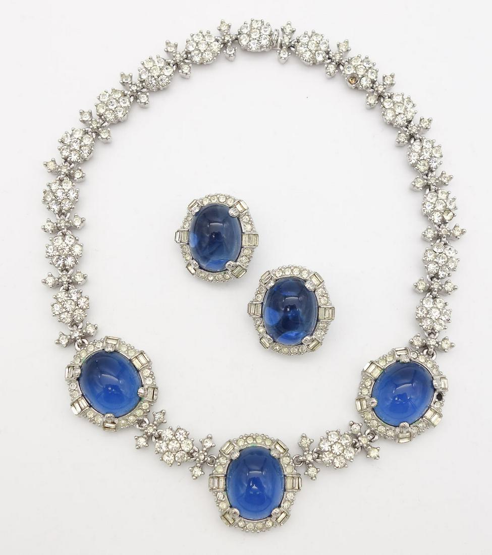 Vintage Ciner Blue Cabochon Rhinestone Necklace Earrings Suite (1 of 6)