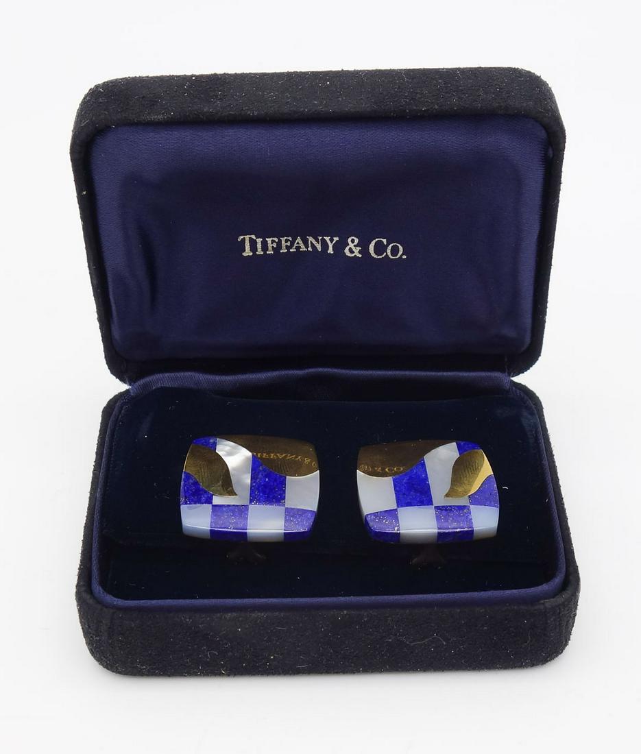 Vintage Tiffany Co 18K Gold Mother of Pearl MOP Lapis Lazuli Square Earrings in Orig Box (1 of 7)