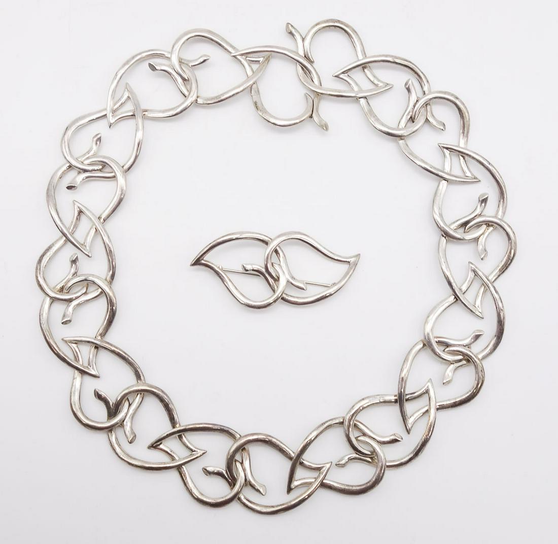 Vintage 1987 Tiffany Co Sterling Silver Leaf Motif Necklace Brooch Suite (1 of 6)