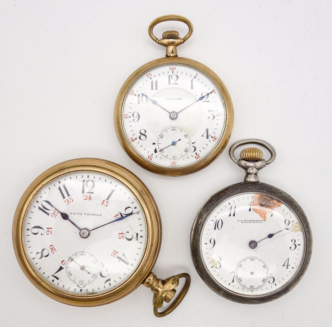 Antique Lot 3 Open Face Pocket Watches incl Gold GF Seth Thomas, Midland, Sterling Silver Buckmaster (1 of 10)