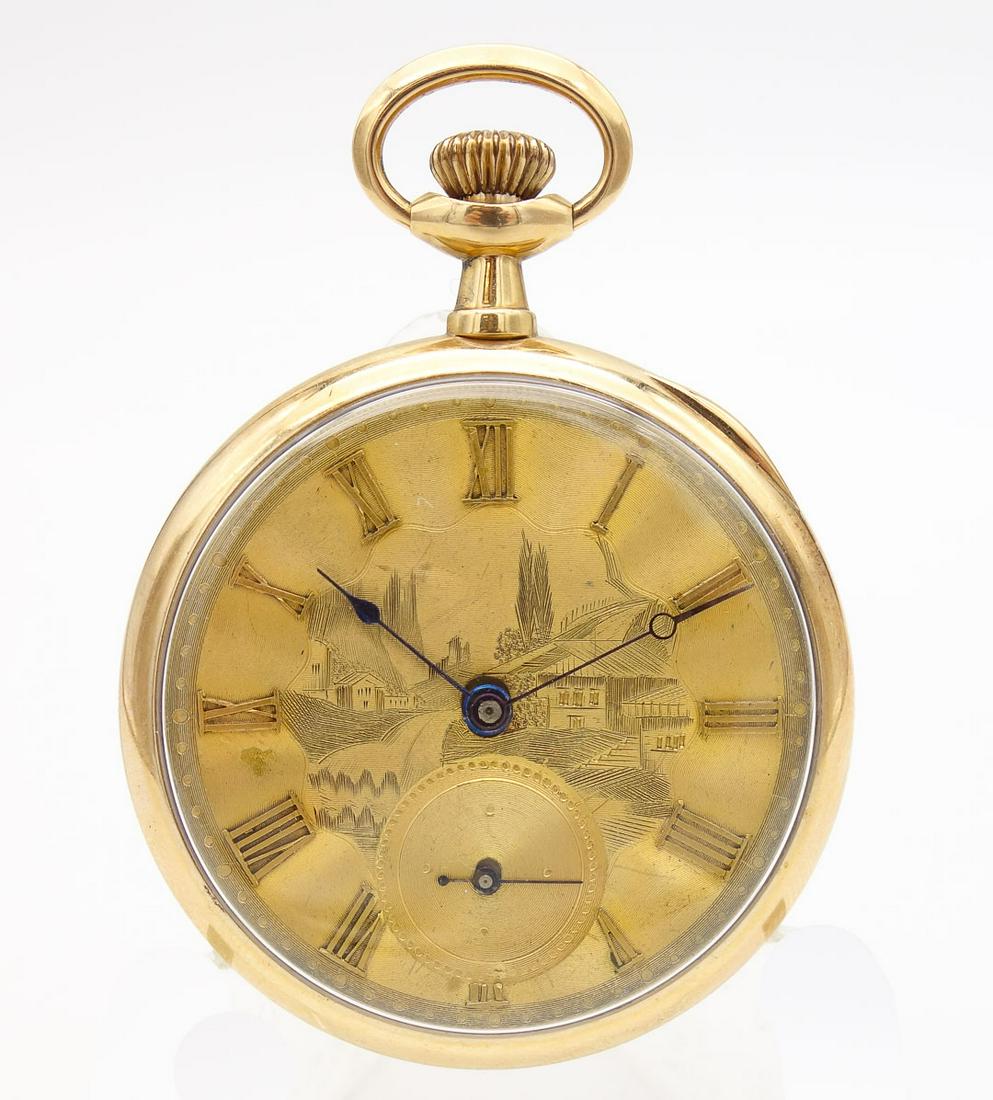 Antique 14K Gold Landscape Face Swiss Pocket Watch (1 of 6)