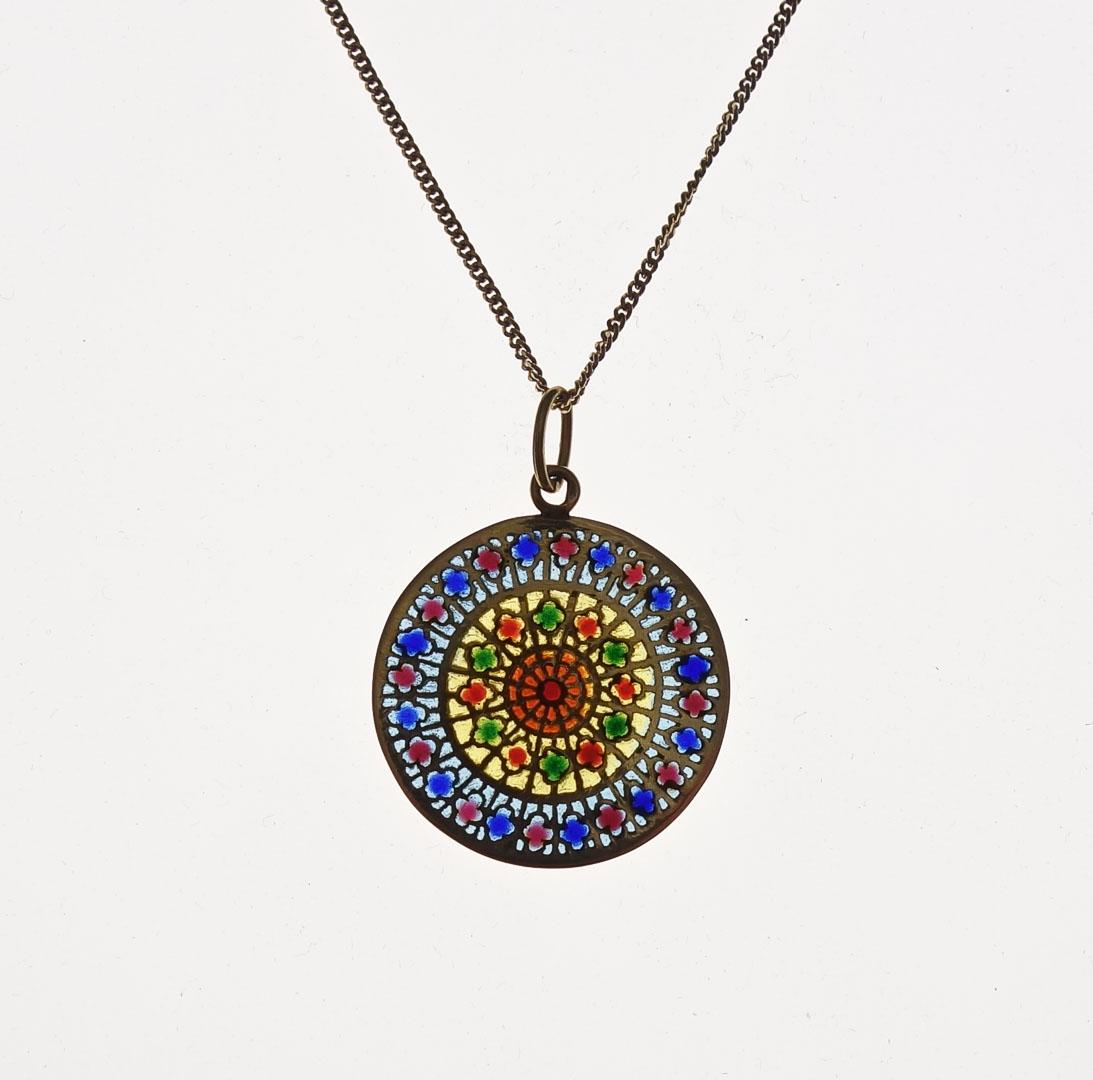 Vintage 18K Gold Plique-a-Jour Enamel Notre Dame Stained Glass Window Necklace Pendant (1 of 6)