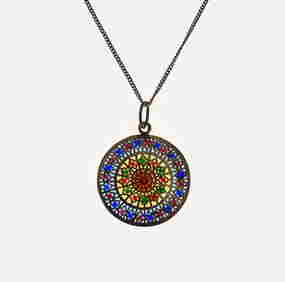 Vintage 18K Gold Plique-a-Jour Enamel Notre Dame Stained Glass Window Necklace Pendant (1 of 6)