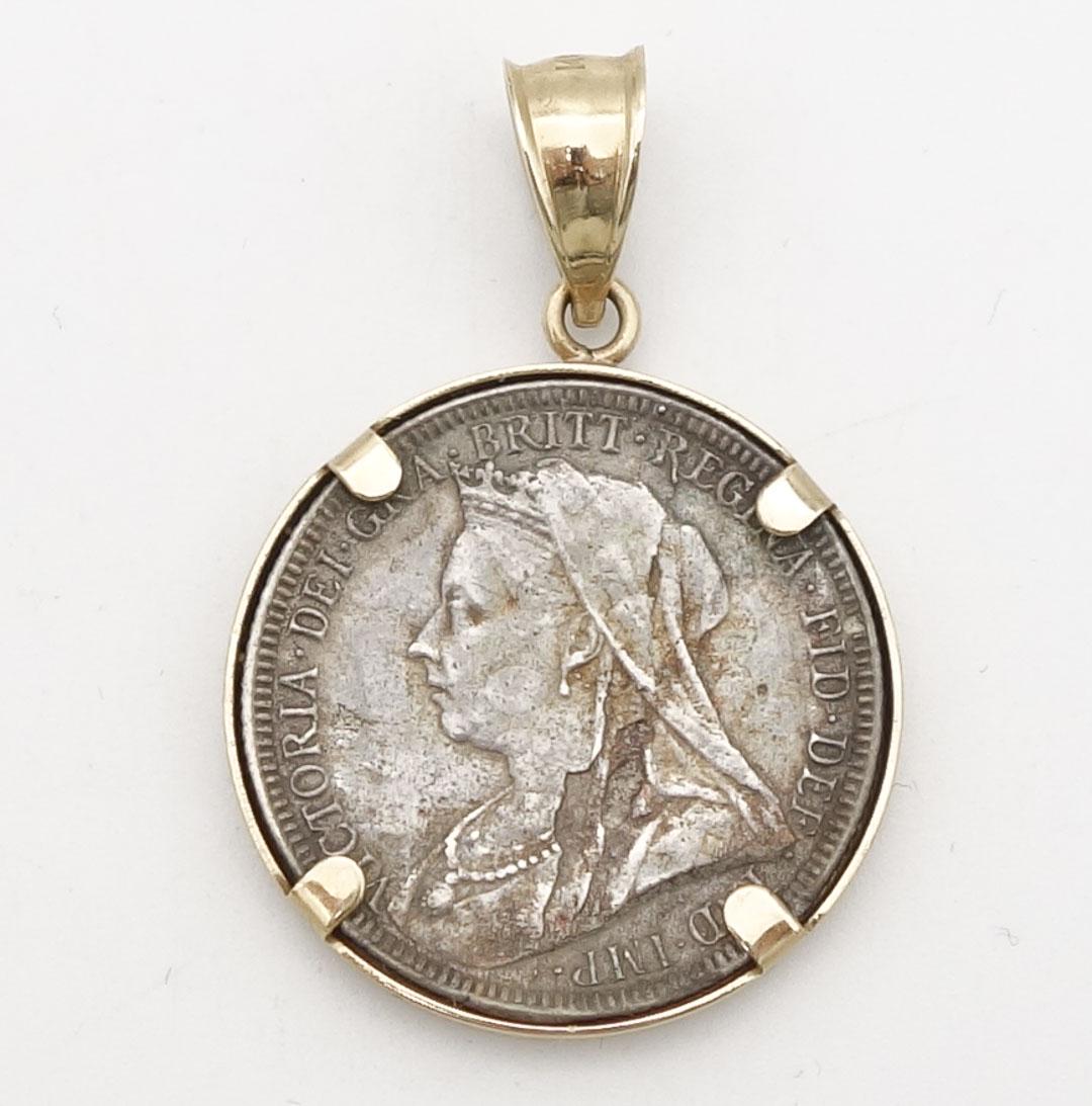 Vintage 14K Gold Necklace Pendant w 1890s Silver Queen Victoria Jubilee Silver Coin (1 of 6)