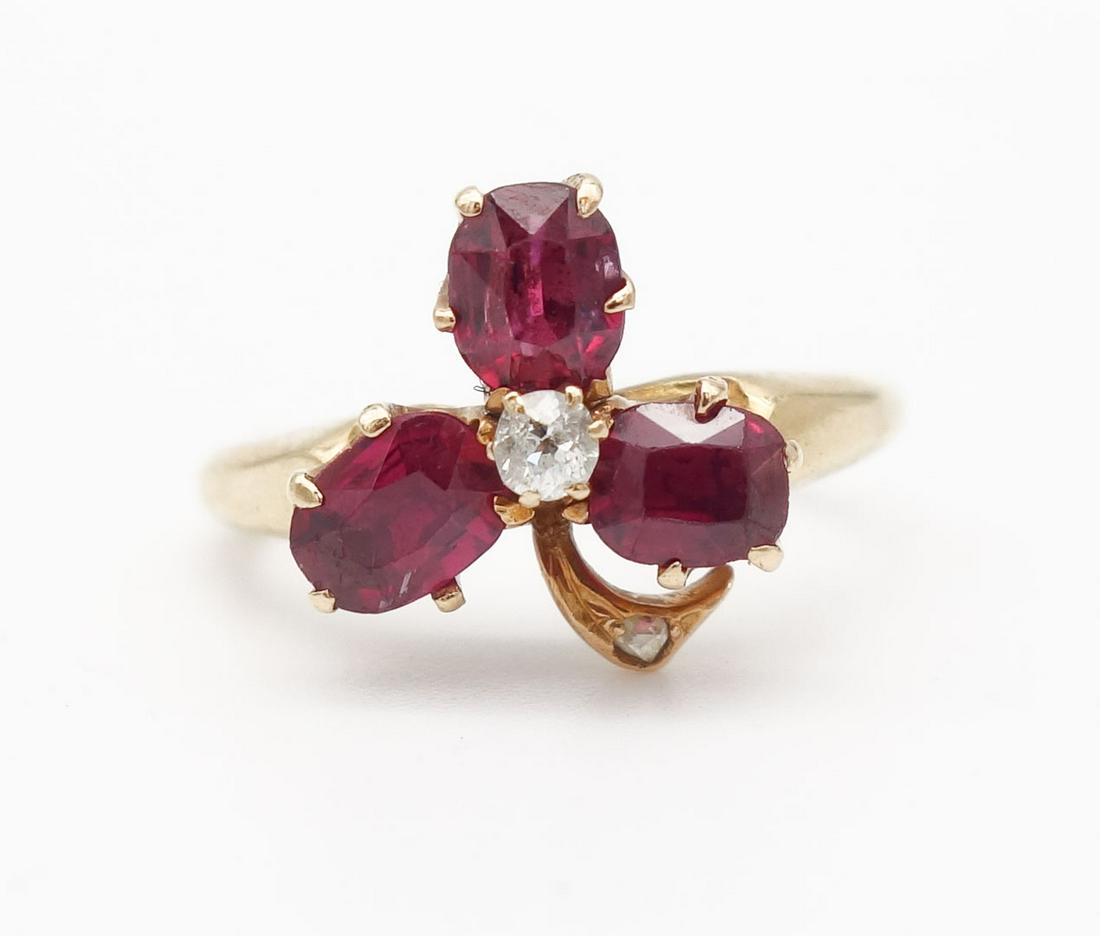 GIA Antique 14K Gold Natural Ruby Diamond Clover Motif Ring w Origin Report (1 of 6)
