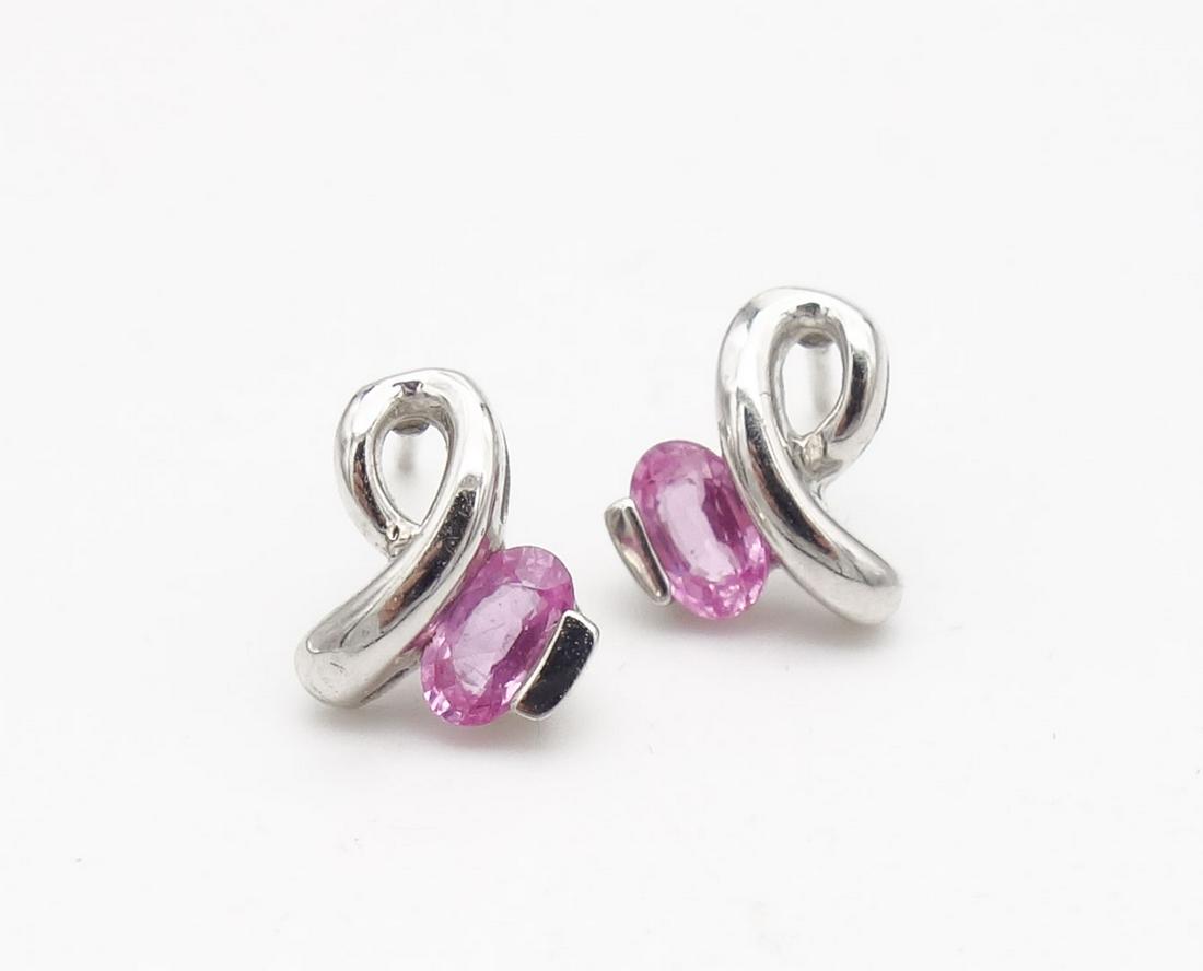 Vintage 14K White Gold Pink Sapphire Womens Breast Cancer Ribbon Earrings (1 of 5)