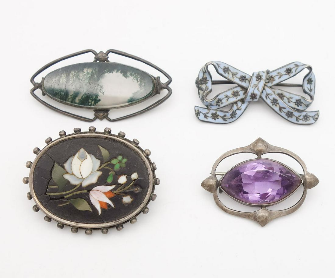 Vintage Sterling Silver Brooch Pins incl Agate, Enamel, Pietra Dura Inlay (1 of 2)