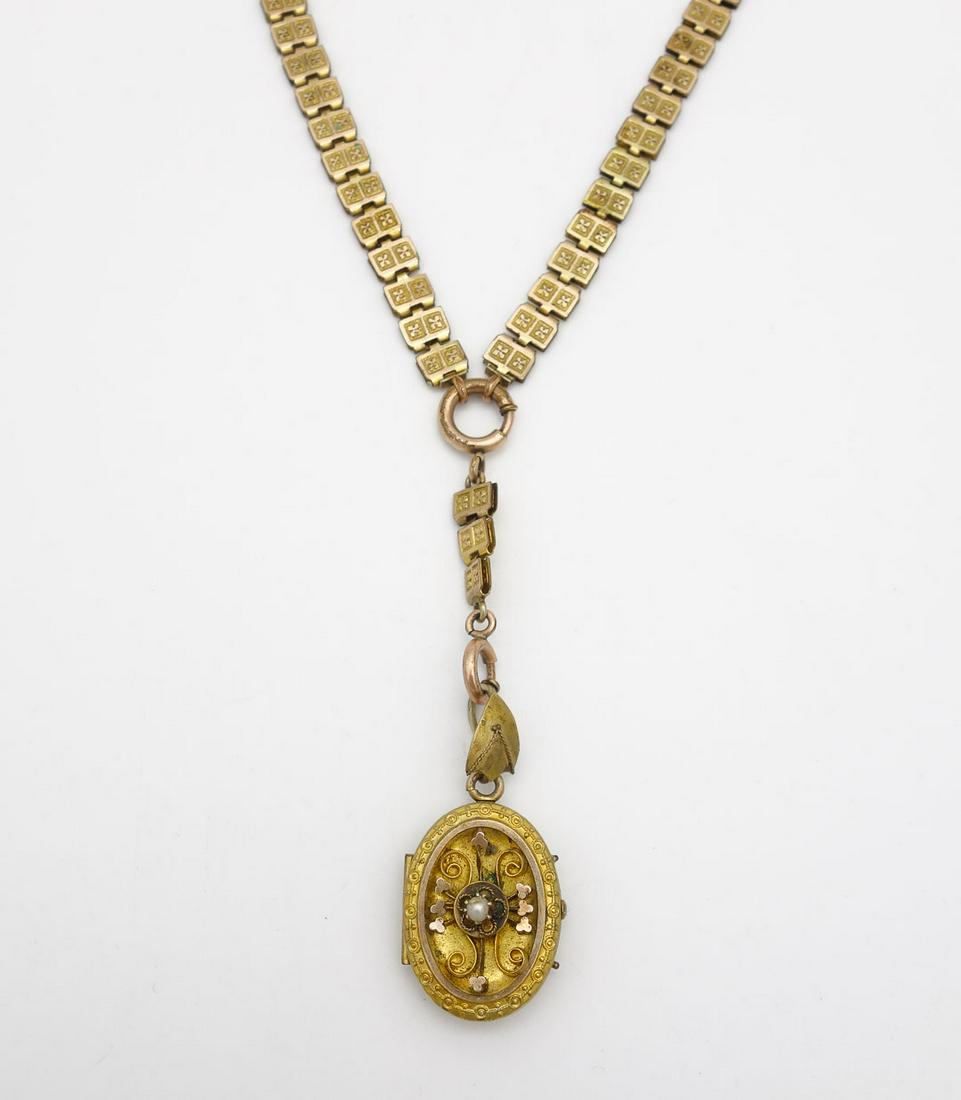 Antique Renaissance Revival Gold Pearl GF Locket on Ornate Chain: This is an antique Renaissance Revival gold filled double locket with ornate decoration and a prong set pearl. The locket hangs from an unusual panel style chain. The chain is 16" long x 1/4". The loc