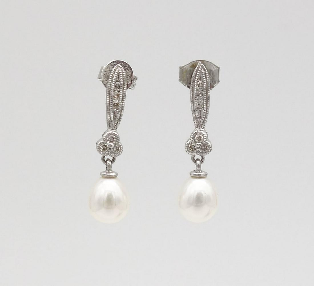 Vintage 14K White Gold Diamond Pearl Drop Dangle Earrings (1 of 3)