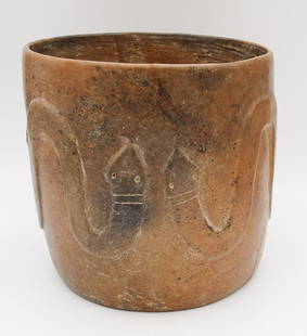 Pre-Columbian Colima Protoclassic Redware Pottery Cylindrical Vessel Double Headed Snake Decoration: This is a Pre-Columbian Protoclassic Colima redware pottery cylindrical vessel featuring three double headed snakes. Dating to c. 100 B.C.-250 A.D. Sotheby's NY. This item is described in a certified