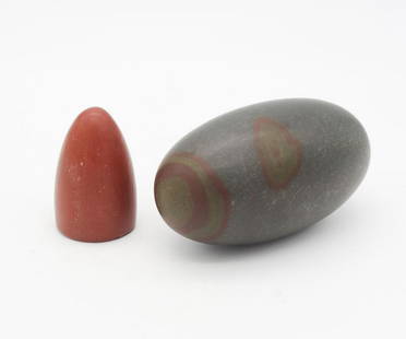 4" Indian Lingam Stone and Cone Shaped Red Stone: This lot includes an Indian Lingam stone and a cone shaped red stone. Lingam stones are naturally forming and can be collected along the banks of rivers. These stones are revered within Hindu