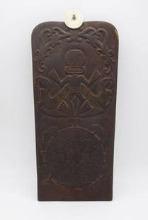 Panamanian Ethnographic Carved Wooden Plaque Crocodile God: This is a Panamanian carved wooden plaque featuring the "Crocodile god". The god is associated with strength, the sun, water, and fertility, and was the principal deity for more than a thousand years.