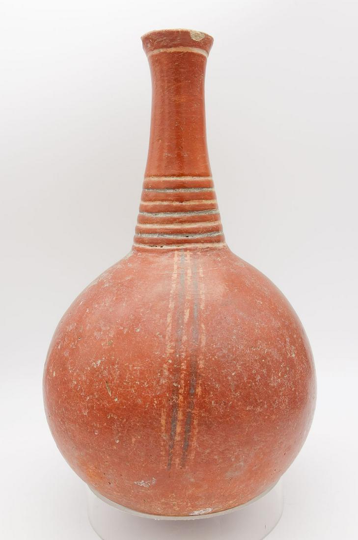 Ancient Red Incised Polychrome Painted Pottery Long Neck Rounded Body Vessel (1 of 9)