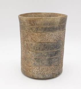 Pre Columbian Mayan Incised Stippled Cylindrical Pottery Vessel: This is a Pre Columbian Mayan cylindrical pottery vessel with incised designs and a stippled surface. Purchase receipt 1/23/71 from Frank Elmer Gallery, Madison Ave. Marshal Lee's inventory notes stat