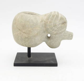 Pre-Columbian Costa Rican Carved Pale Green Stone Bird Ceremonial Mace Head w COA c. 100-500 A.D.: This is a Pre-Columbian Costa Rican carved pale green stone ceremonial bird motif mace head. Dating to circa 100-500 A.D. This carving is accompanied by the original COA and receipt from The Lands