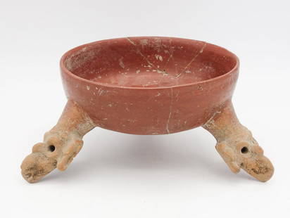 Pre-Columbian Aztec Figural Birds Head Tripod Redware Pottery Bowl: This is a Pre-Columbian redware pottery bowl resting on three figural bird's head feet. Purchased 5/18/1988 Sotheby's NY Lot 318 sale 5715. This item is described in a certified insurance appraisal da