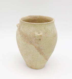 Ancient Mediterranean Ovoid Hanging Pottery Vessel 5": This is an ancient Mediterranean ovoid pottery vessel with three lug style handles for hanging. From the Upstate New York estate of Marshall and Kay Lee. Marshall was a well known collector of Pre-Col