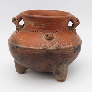 Pre-Columbian Redware Pottery Tripod Vessel w Figural Rabbit Decorations: This is a Pre-Columbian redware pottery tripod vessel with hand modeled figural rabbit decorations and painted designs. From the Upstate New York estate of Marshall and Kay Lee. Marshall was a well kn