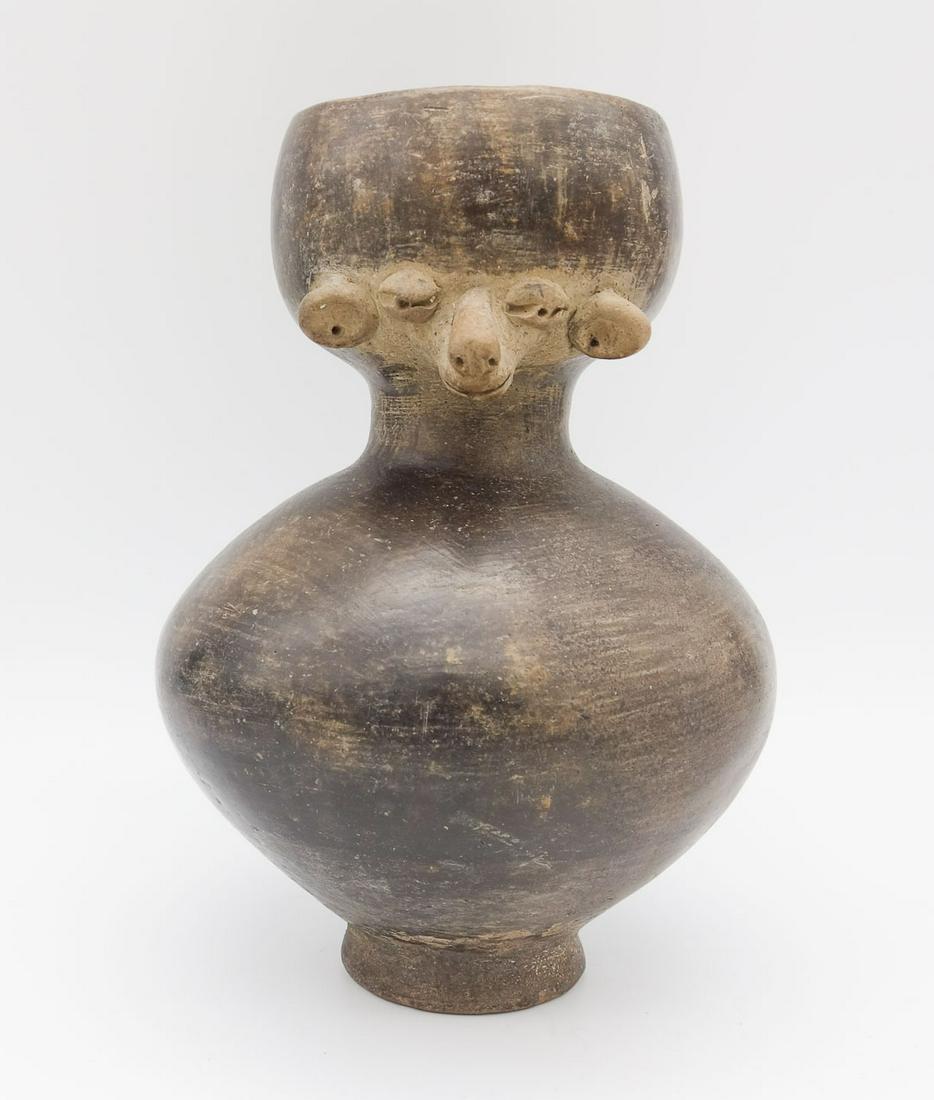 Pre-Columbian Ecuadorian Blackware Pottery Rounded Vessel w Molded Sheep Face C. 800-1500 A.D. (1 of 10)