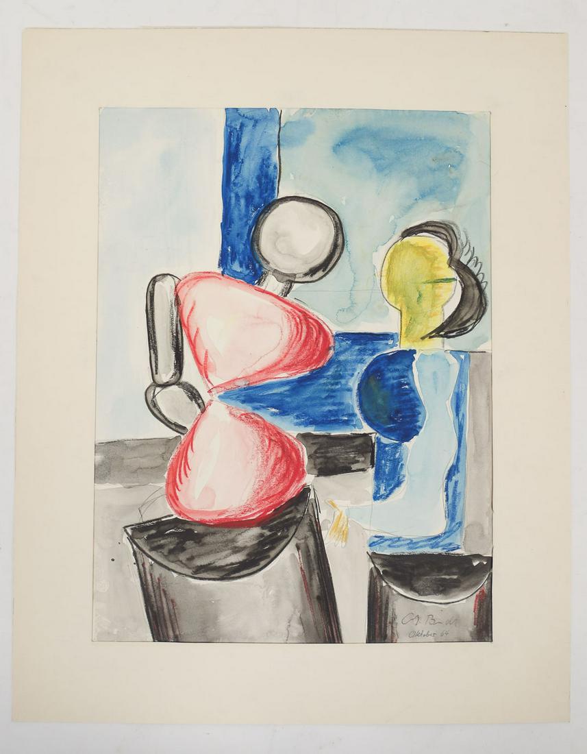 Signed Andreas Bindl Watercolor Mixed Media Abstract Painting, Two Figures (1 of 4)