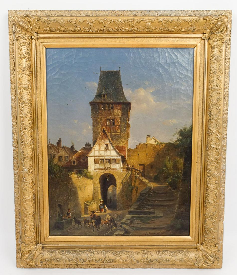 Signed Ivo Ambroise Vermeersch Oil Painting on Canvas Bustling Street on Market Day 1851 (1 of 7)