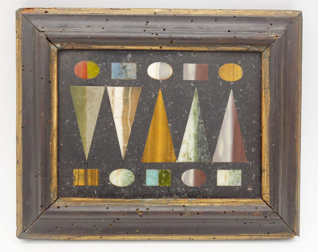 Signed Richard Blow Montici Italy Pietra Dura Hard Stone Inlay Specimen Plaque: This is a vintage pietra dura hard stone inlay specimen decorative plaque. Signed with an "M" for Montici, Italy, the workshop of artist Richard Blow (American, 1904-1983). Please use the following UR