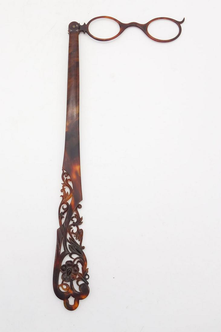 Antique Carved Faux Tortoise Shell Long Handle Lorgnette Glasses Floral Motif (1 of 4)