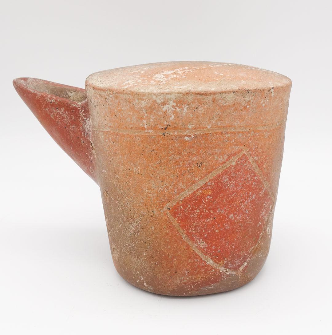 Ancient Redware Pottery Cylindrical Incised Vessel w Spout (1 of 13)