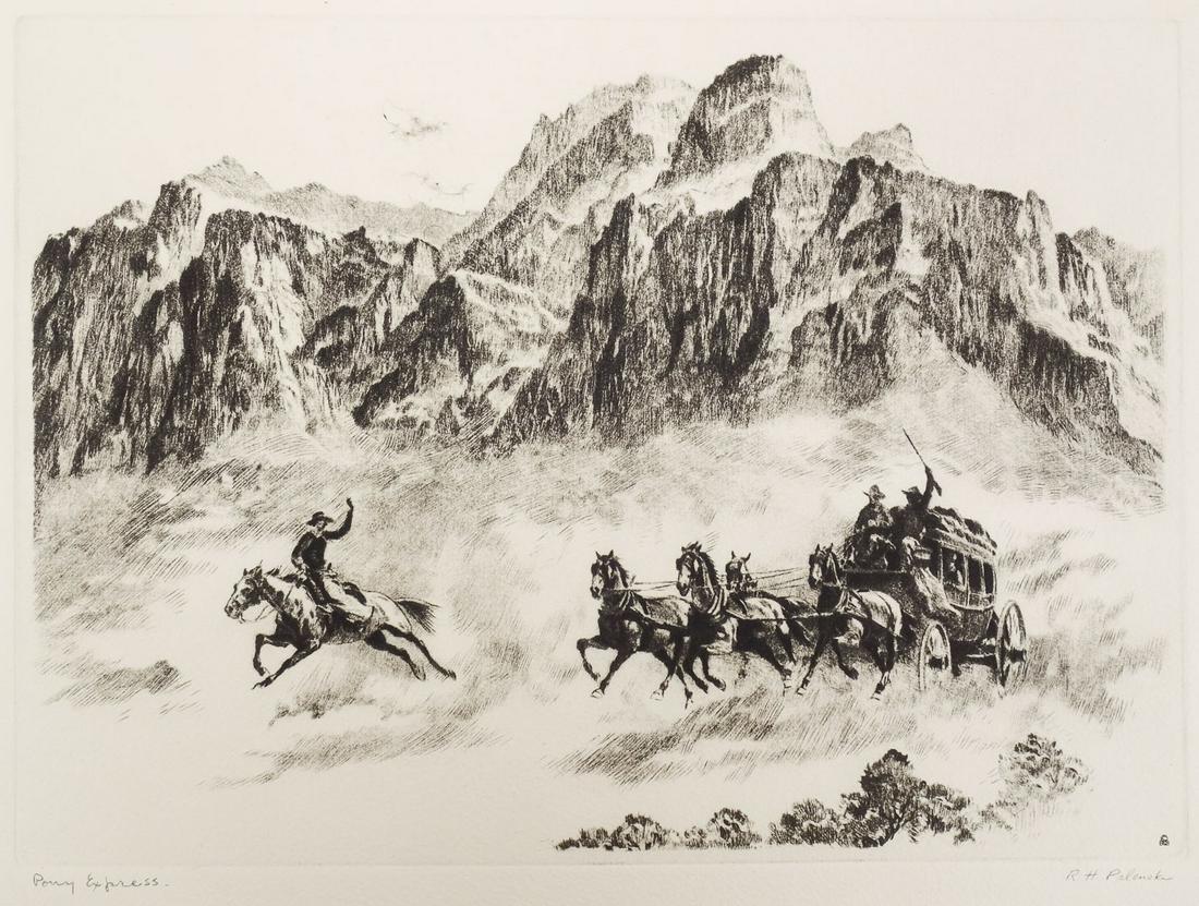 Early 20c Reinhold H Palenske Pony Express Drypoint (1 of 7)