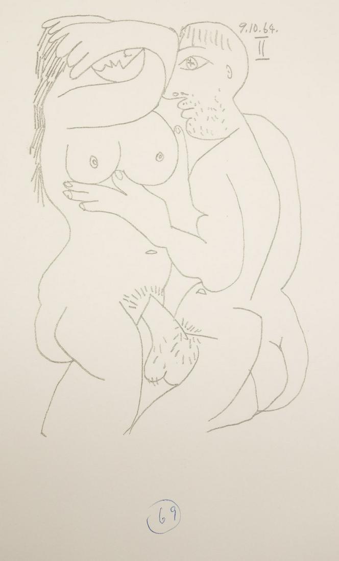 After Picasso Erotic Lithograph Le Gout du Bonheur Series 9.10.64.II: This is a Picasso (after) lithograph from the Le Gout du Bonheur series published in 1964. Numbered 9.70.64 II. On Arches paper. From the Upstate New York estate of Marshall and Kay Lee. Marshall was 