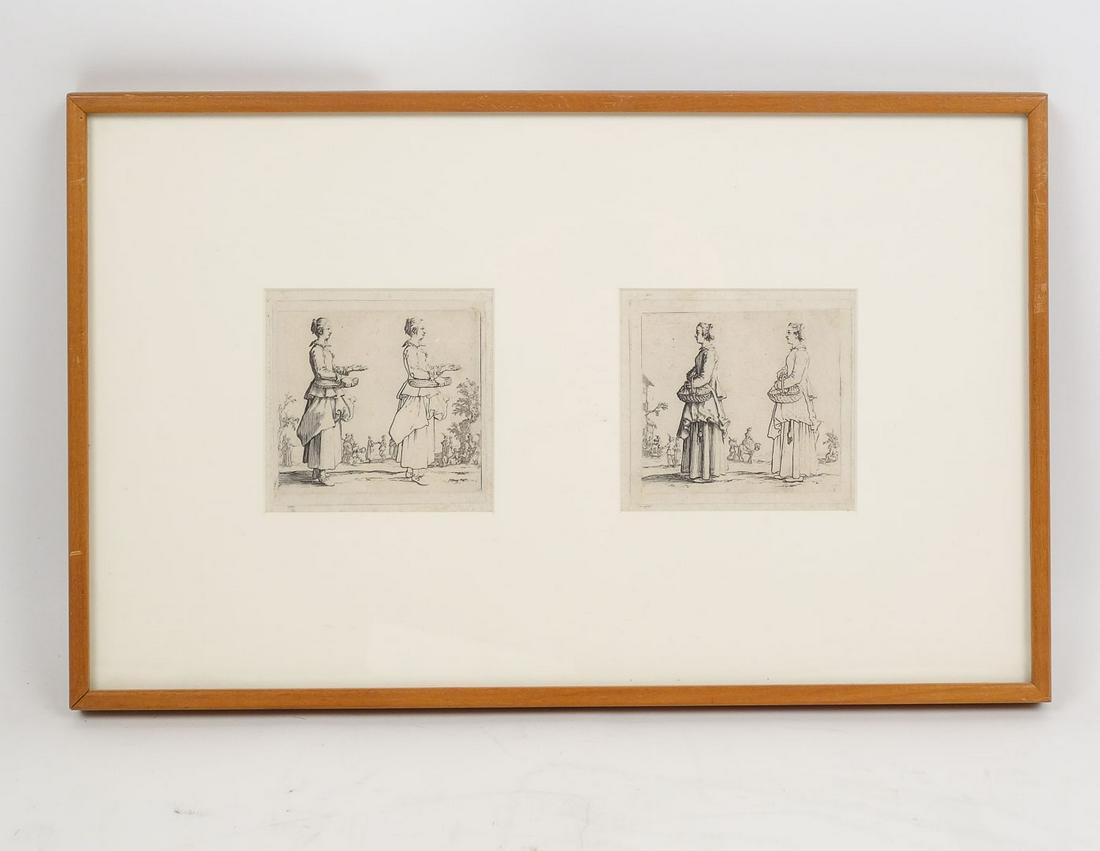 Old Master Framed Pair Jacques Callot 18th Century Engravings of Peasant Women (1 of 5)