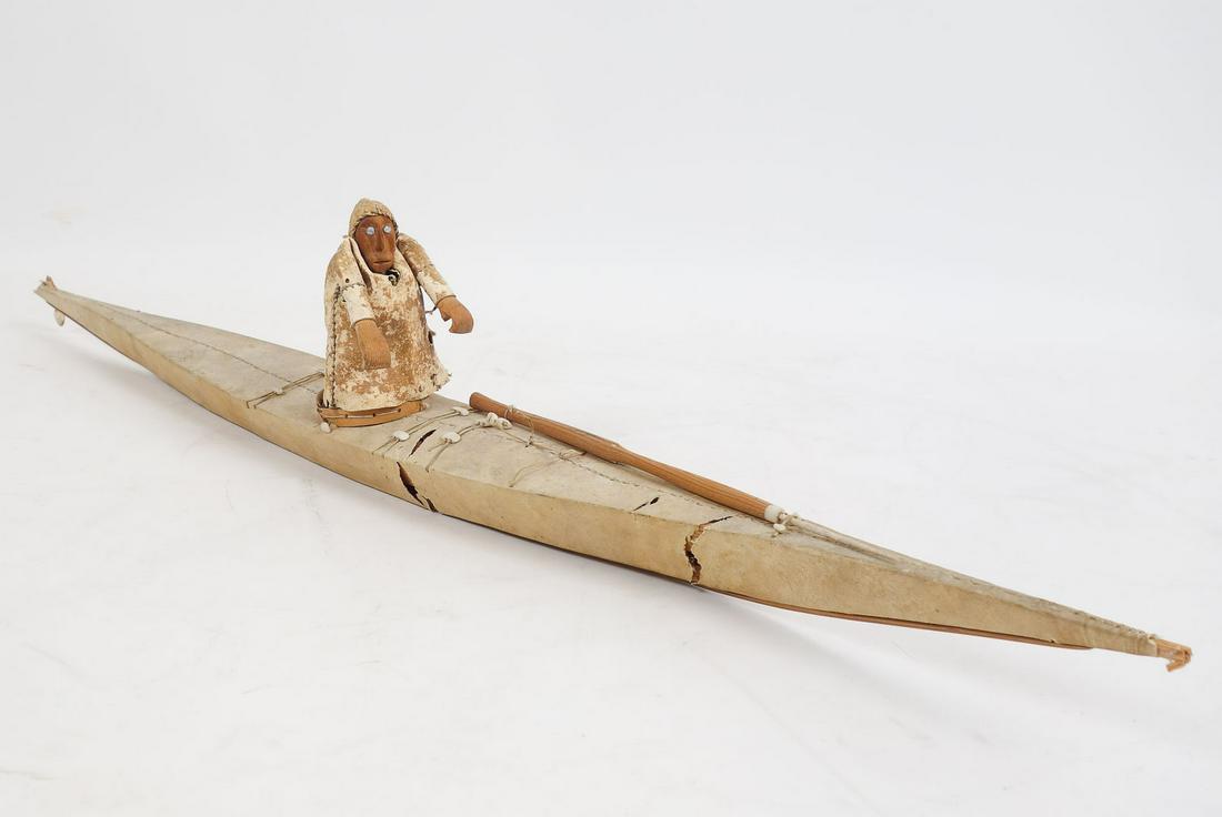 Inuit Wood and Hide Model 27.5" Kayak w Hunter Figurine (1 of 9)