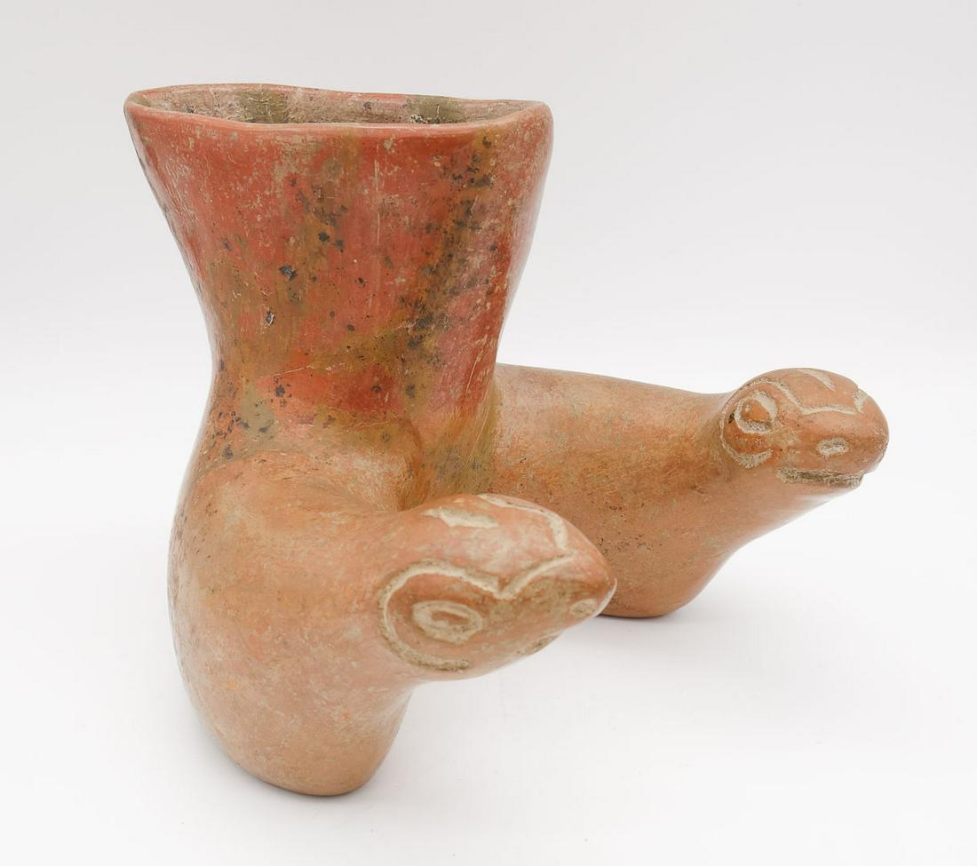 Pre Columbian Colima Red Pottery Incised Double Snake Vessel (1 of 15)