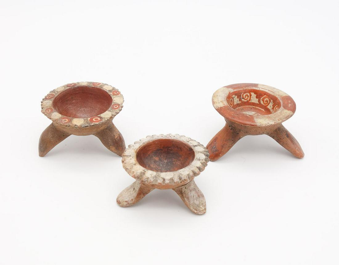Group 3 Pre-Columbian Tzintzuntzan Painted Redware Pottery Tripod Footed Bowls A.D. 1200-1500 (1 of 7)