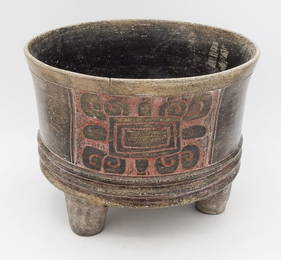 Pre-Columbian Mayan Blackware Pottery Tripod Bowl w Carved Painted Designs, Classic, A.D. 450-650