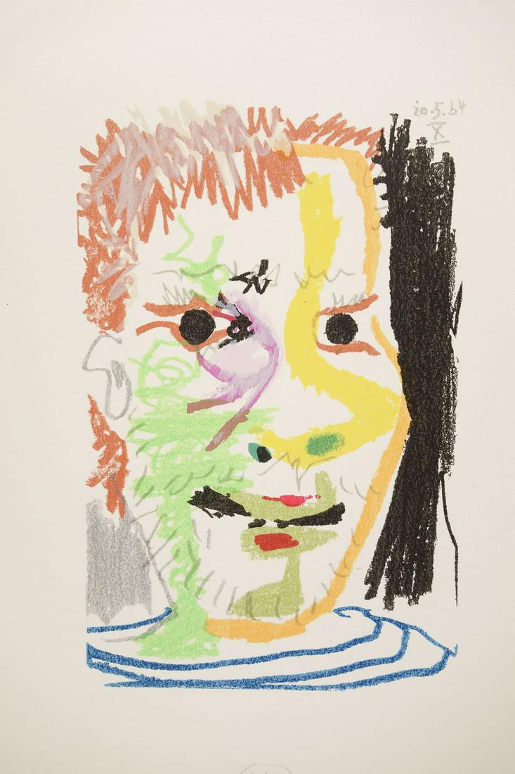 Lot of 2 After Picasso Color Lithographs Le Gout du Bonheur Series 20.5.64 X and 20.5.64 VII: This is a lot of two colored lithographs (20.5.64 X and 20.5.64 VII) from an original artwork after Pablo Picasso in 1964. The original artwork of 1964 was part of the portfolio ''Le Gout du Bonheur (